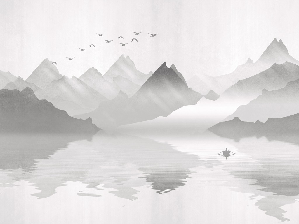 Levně FTNS 1246 AG Design vliesová fototapeta 4-dílná Misty Mountain, horské jezero v mlze, loďka na jezeře, velikost 360 x 270 cm