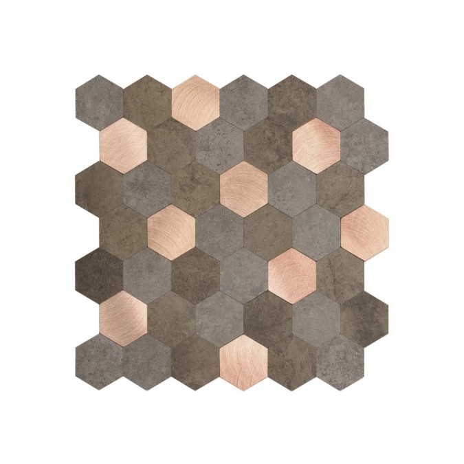 2704008 Samolepicí dlaždice na zeď, kovové a kamenné hexagony, rozměr šířka x výška 29 x 28,8cm