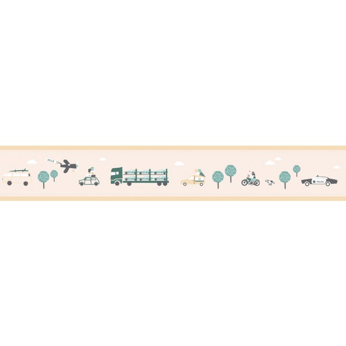 7502-2 ICH Wallcoverings dětská samolepící béžová bordura na zeď z kolekce Noa 2025 město, auta, velikost 16 cm x 5 m