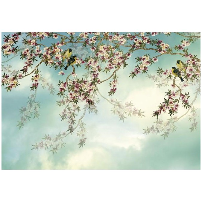 KOMR 312-8 Komar obrazová fototapeta 8-dílná Sakury - sakurová větev s květy a ptáčky, velikost 368 x 254 cm