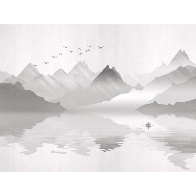 FTNS 1246 AG Design vliesová fototapeta 4-dílná Misty Mountain, horské jezero v mlze, loďka na jezeře, velikost 360  x 270 cm