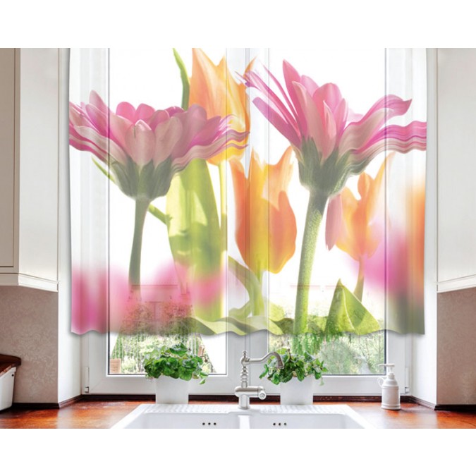 VO-140-010 Textilní fotozáclona s obšitím a řasící páskou, Jarní květiny, velikost 140 x 120 cm