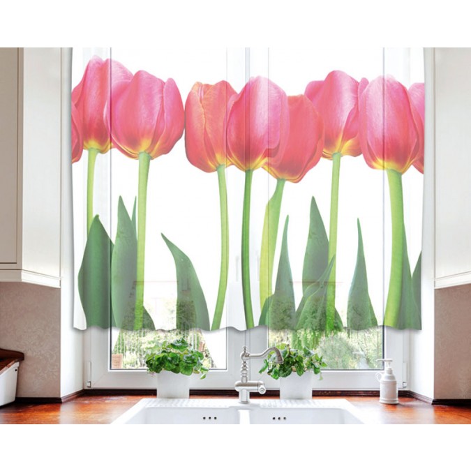 VO-140-011 Textilní fotozáclona s obšitím a řasící páskou, Záhon tulipánů, velikost 140 x 120 cm