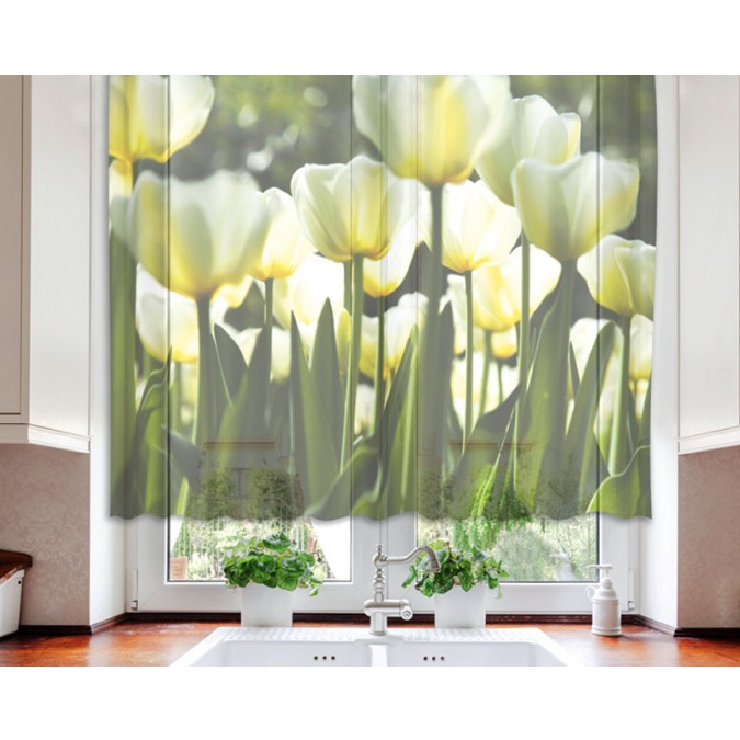 VO-140-012 Textilní fotozáclona s obšitím a řasící páskou, Bílé tulipány, velikost 140 x 120 cm