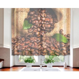 VO-140-025 Textilní fotozáclona s obšitím a řasící páskou, Kávová zrna, velikost 140 x 120 cm